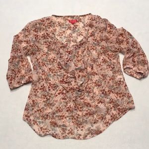 Elle blouse, small, pink with rust and gray flowers, 3/4 sleeves